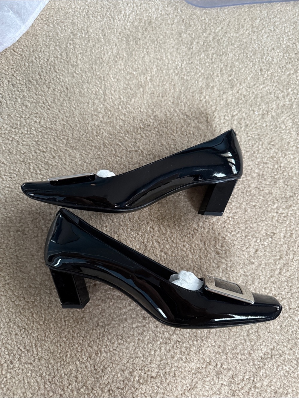 Brand New Elegant Black Patent Pumps with Silver Buckle